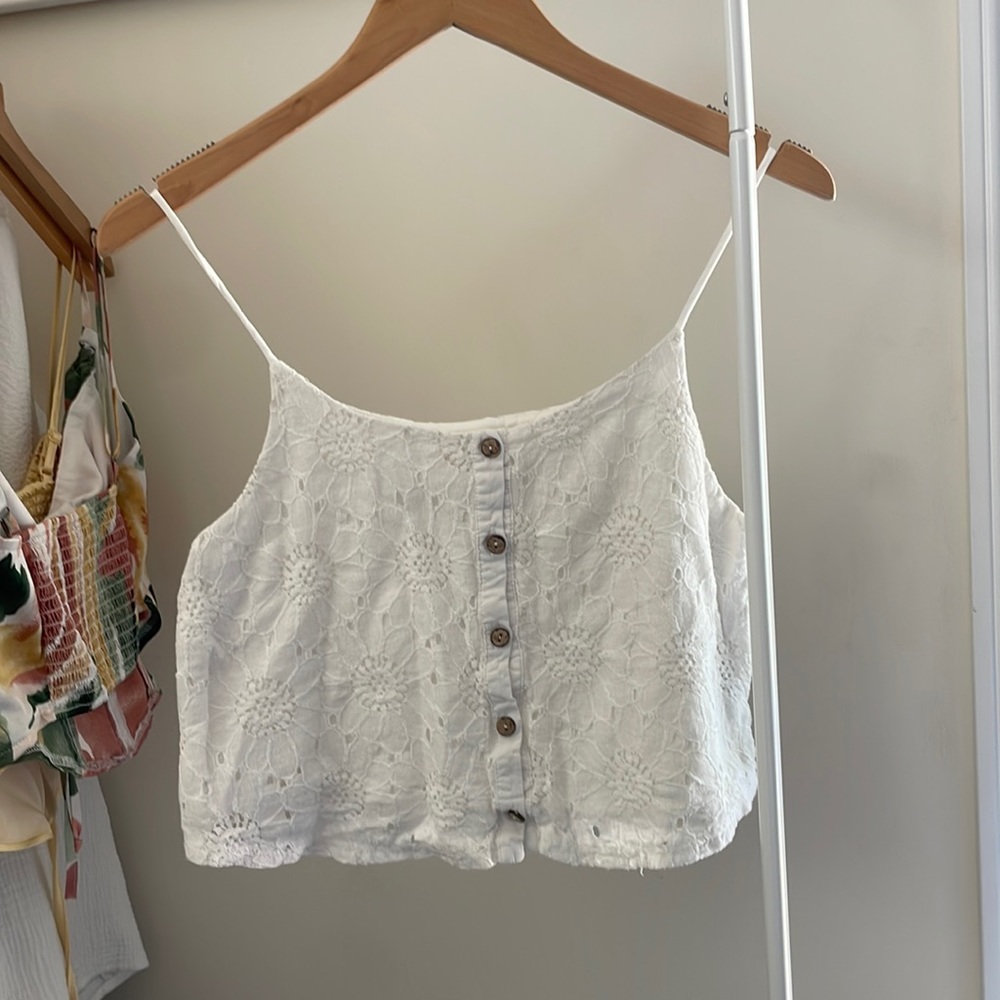 painted threads white cropped lacey tank top